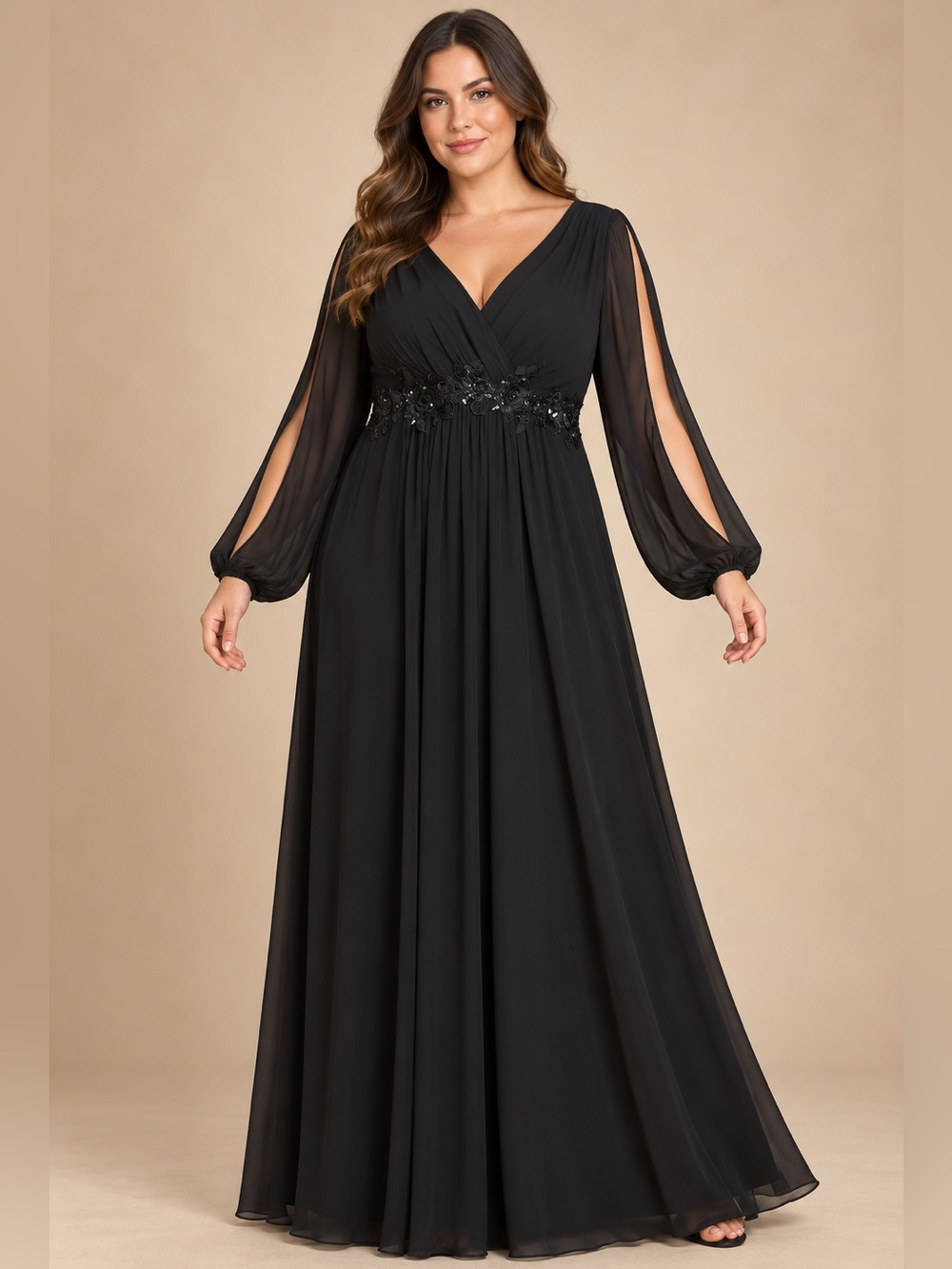 Ever Pretty Black V-Neck Long Sleeve Chiffon Gown with Embellished Waist